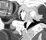  1girl arm_tattoo asunogear bare_arms bare_shoulders bow cable greyscale hair_bow hair_ornament hairclip headphones headset highres kagamine_rin kagamine_rin_(vocaloid4) looking_away looking_up monochrome musical_note profile sailor_collar short_hair solo speaker tattoo v4x vocaloid wire 