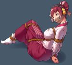  1girl arms_behind_back bdsm bondage bound bound_arms bound_legs bound_wrists feet from_behind gag gagged gbeeee guilty_gear guilty_gear_xrd hair_bun headphones highres korean_clothes kum_haehyun long_hair multicolored_hair no_shoes purple_hair rope simple_background sitting socks solo two-tone_hair violet_eyes white_hair 