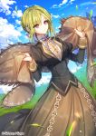  1girl black_vest blue_sky bow brown_cape brown_dress cape_removed clouds day dress dutch_angle grass green_hair hair_bow interitio looking_to_the_side official_art outdoors sid_story sky standing vest violet_eyes 