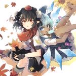  2girls bare_legs barefoot black_gloves black_hair black_skirt blue_bow blue_dress blue_eyes blue_hair boots bow cirno cross-laced_footwear dress fingerless_gloves flower food gloves hair_bow hat hisona_(suaritesumi) ice ice_wings lace-up_boots leaf looking_at_viewer miniskirt morning_glory multiple_girls pointy_ears pom_pom_(clothes) popsicle red_boots red_eyes red_scarf scarf shameimaru_aya shirt short_hair short_sleeves skirt smile sunflower tan tanned_cirno tokin_hat touhou white_shirt wings 