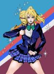  1girl araki_hirohiko_(style) ayase_eli blonde_hair blue_eyes blue_lips commentary_request eyebrows eyelashes gold_experience highres jojo_no_kimyou_na_bouken jojo_pose ko-ran long_hair looking_at_viewer love_live! love_live!_school_idol_project parody ponytail pose school_uniform skirt solo stand_(jojo) standing style_parody 