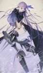  1girl armor armored_boots blue_eyes boots crotch_plate fate/extra fate/extra_ccc fate_(series) full_body hair_ribbon high_heels hong long_hair looking_at_viewer meltlilith navel purple_hair revealing_clothes ribbon smile solo spikes standing very_long_hair very_long_sleeves 