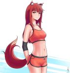  1girl alternate_costume animal_ears arms_behind_back breasts closed_mouth collarbone commentary crop_top elbow_pads holo j_adsen long_hair looking_at_viewer medium_breasts navel no_pupils orange_shorts red_eyes redhead shorts sidelocks signature smile solo spice_and_wolf sports_bra sportswear stomach tail thighs toned two-tone_background white_background wolf_ears wolf_tail 