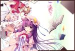  3girls ascot ass bat_wings blonde_hair blouse blush book border breasts capelet cleavage crescent crescent_moon_pin dress flandre_scarlet hair_ribbon hat lavender_hair long_hair looking_at_viewer mob_cap multiple_girls neck_ribbon open_mouth outstretched_hand pajamas panties pantyshot patchouli_knowledge purple_hair red_eyes remilia_scarlet ribbon shoes short_hair side_ponytail sidelocks skirt skirt_set socks striped striped_dress touhou tress_ribbon underwear usume_shirou vest violet_eyes white_panties wings 