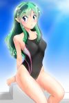  1girl absurdres black_swimsuit blue_eyes competition_swimsuit gradient gradient_background green_hair highres horns long_hair lum nanao_futaba one-piece_swimsuit pointy_ears sitting solo starting_block swimsuit urusei_yatsura wet wet_clothes wet_swimsuit 