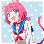  1girl :d animal_ears bangs black_choker blue_eyes blue_skirt blush bow breasts cat_ears cat_girl cat_tail choker collarbone eyebrows_visible_through_hair fang hair_bow highres long_sleeves looking_at_viewer low_twintails neckerchief open_mouth original pink_hair sailor_collar school_uniform serafuku shirt short_eyebrows short_hair short_twintails skirt smile solo tail twintails upper_body villdona white_shirt 