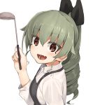  10s 1girl :d alternate_costume anchovy bangs black_apron black_ribbon bright_pupils collared_shirt drill_hair eyebrows_visible_through_hair fang from_side girls_und_panzer hair_between_eyes hair_ribbon ladle long_sleeves looking_at_viewer looking_to_the_side open_mouth ponytail ribbon seramikku shirt simple_background smile solo tsurime upper_body white_background white_shirt wing_collar 