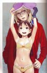  1boy 1girl armpits arms_up black_eyes blonde_hair book bra brown_hair glasses long_hair murata_renji navel open_mouth panties underwear 