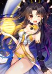  1girl bare_shoulders black_hair breasts earrings eyebrows_visible_through_hair fate/grand_order fate_(series) hair_intakes highres hips hoop_earrings ishtar_(fate/grand_order) jewelry long_hair looking_at_viewer medium_breasts nan_(jyomyon) navel one_eye_closed open_mouth orb red_eyes smile solo tohsaka_rin 