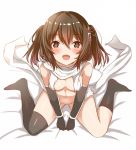  1girl :d asymmetrical_legwear bare_shoulders bed_sheet black_gloves black_legwear breasts brown_eyes brown_hair elbow_gloves fang ging1993 gloves kantai_collection medium_breasts naked_scarf no_panties nude open_mouth remodel_(kantai_collection) scarf sendai_(kantai_collection) short_hair sitting smile solo two_side_up wariza white_scarf 