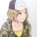  1girl anbe_yoshirou brown_eyes brown_hair camouflage commentary_request dated grin hat hoodie jacket light_brown_hair mole shirt short_hair smile solo teeth undershirt upper_body yellow_shirt 