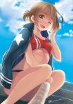  1girl bottle brown_eyes brown_hair highres jacket looking_at_viewer one_eye_closed open_clothes open_jacket open_mouth original sakurai_unan short_hair sitting solo sports_bikini sweat track_and_field 