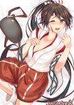 1girl artist_name bed_sheet black_hair blue_eyes cosplay hachimaki headband high_ponytail highres houshou_(kantai_collection) japanese_clothes kantai_collection kimono long_hair long_sleeves muneate one_eye_closed open_mouth red_shorts sazamiso_rx serious shorts solo teeth very_long_hair white_background white_kimono white_legwear wide_sleeves zuihou_(kantai_collection) zuihou_(kantai_collection)_(cosplay) 