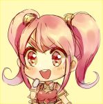  1girl breastplate chibi circlet fire_emblem fire_emblem_echoes:_mou_hitori_no_eiyuuou gloves highres kash-phia long_hair mae_(fire_emblem) open_mouth pink_eyes pink_hair portrait simple_background solo teeth twintails yellow_background 