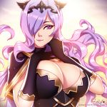  1girl breasts camilla_(fire_emblem_if) capelet cleavage closed_mouth elbow_gloves fire_emblem fire_emblem_if gloves hair_over_one_eye large_breasts lips long_hair looking_at_viewer parted_lips pink_lady_mage purple_hair shiny shiny_clothes shiny_hair sidelocks smile solo tiara upper_body very_long_hair violet_eyes wavy_hair yellow_background 