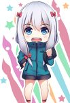  1girl :d aqua_jacket bangs blue_eyes blush bow chibi commentary_request drawing_tablet eromanga_sensei euforia eyebrows_visible_through_hair full_body hair_bow hand_on_hip holding izumi_sagiri jacket legs_apart long_hair long_sleeves looking_at_viewer low-tied_long_hair multicolored multicolored_background no_pants open_mouth pink_legwear pocket red_bow silver_hair smile socks solo standing star stylus tareme track_jacket zipper 