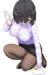  1girl black_hair breasts brown_legwear hair_ornament hair_over_one_eye hairclip kaisen_chuui kneeling large_breasts long_sleeves office_lady original pantyhose parted_lips pencil_skirt simple_background skirt solo white_background 