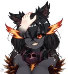  1girl ;) animal_ears bare_shoulders black_hair black_sclera black_skin burning_eyes collar disembodied_limb dog_ears eyebrows_visible_through_hair fur grin haelequin hand_on_another&#039;s_head hellhound highres long_hair looking_at_viewer monster_girl monster_girl_encyclopedia one_eye_closed petting pov red_eyes shiny shiny_hair signature smile solo spiked_collar spikes teeth transparent_background upper_body 