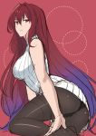  1girl bare_shoulders casual fate/grand_order fate_(series) highres panties panties_under_pantyhose pantyhose red_eyes redhead ribbed_sweater scathach_(fate/grand_order) shimo_(s_kaminaka) solo sweater sweater_vest thighband_pantyhose underwear 