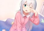  1girl bangs bed blue_eyes blush collarbone dacchi eromanga_sensei eyebrows_visible_through_hair grey_hair highres indoors izumi_sagiri long_hair long_sleeves looking_at_viewer on_bed one_eye_closed open_mouth pajamas rubbing_eyes sitting solo tareme yawning 