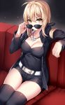  blonde_hair blush fate/extra glasses long_hair odango saber_alter yellow_eyes 