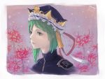  1girl artist_name character_name dated flower green_eyes green_hair hat hat_ornament hat_ribbon lips portrait ribbon shiki_eiki short_hair sketch smile solo spider_lily touhou twitter_username uniform xia_oekaki 