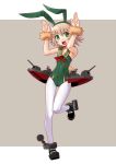  1girl animal_ears blonde_hair full_body green_eyes kantai_collection katahira_masashi leotard looking_at_viewer open_mouth pantyhose rabbit_ears sailor_collar shimushu_(kantai_collection) short_hair solo white_legwear 