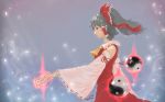  1girl ascot bare_shoulders black_hair blurry bow breasts cowboy_shot depth_of_field detached_sleeves expressionless hair_bow hair_tubes hakurei_reimu highres nontraditional_miko ofuda petals ponytail profile red_eyes sarashi short_hair solo touhou wide_sleeves wind xia_oekaki yin_yang_orb 
