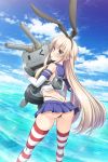  &gt;_o 1girl :3 artist_name ass black_hairband black_panties blonde_hair blue_skirt blue_sky blush carrying clouds elbow_gloves gloves green_eyes hairband hal_(21) highres kantai_collection long_hair looking_at_viewer ocean one_eye_closed panties rensouhou-chan shimakaze_(kantai_collection) skirt sky striped striped_legwear thigh-highs underwear white_gloves 