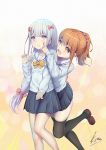  2girls :d aqua_eyes bangs blush bow bowtie cheek_poking closed_mouth eromanga_sensei hair_bow hand_on_another&#039;s_shoulder izumi_sagiri jinno_megumi long_hair long_sleeves multiple_girls one_leg_raised open_mouth orange_eyes orange_hair pink_bow pleated_skirt poking ponytail pout school_uniform serafuku silver_hair skirt smile thigh-highs xiaosan_ye yellow_bow yellow_bowtie zettai_ryouiki 