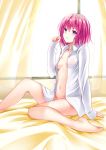  absurdres arm_support breasts breeze_(wcf) curtains dress_shirt groin hair_between_eyes highres looking_at_viewer momo_velia_deviluke naked_shirt navel open_clothes open_shirt pink_eyes pink_hair shirt short_hair sleeves_past_wrists small_breasts thighs to_love-ru window 