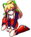  1girl bangs between_legs blonde_hair blush boots closed_mouth dress eyebrows_visible_through_hair from_above full_body green_eyes green_ribbon hair_ribbon hand_between_legs kunugi_akira long_hair long_sleeves looking_at_viewer ponytail red_boots red_dress ribbon rockman rockman_(classic) roll shadow sidelocks simple_background sitting smile solo wariza white_background 