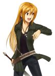  1girl absurdres ankh ankh_necklace belt earrings hand_up highres jacket jewelry long_hair open_clothes open_jacket open_mouth orange_hair original poaro red_eyes sidelocks simple_background smile solo sword v-neck weapon white_background 