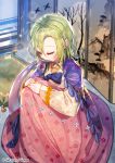  1girl closed_eyes copyright_name dress facing_viewer floral_print green_hair hands_together inside interitio japanese_clothes official_art pink_dress screen shawl sid_story sitting solo tagme 