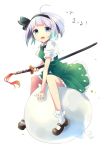  &gt;:o 1girl :o ahoge bow green_skirt green_vest hair_bow highres katana konpaku_youmu konpaku_youmu_(ghost) mary_janes puffy_short_sleeves puffy_sleeves shirt shoes short_sleeves silver_hair sitting skirt sword touhou uta_(kuroneko) vest weapon white_background white_shirt 