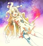  1girl american_flag_dress american_flag_legwear blonde_hair clownpiece dress dutch_angle fire hat jester_cap long_hair makuwauri neck_ruff open_mouth pantyhose polka_dot red_eyes short_dress short_sleeves smile solo star star_print striped torch touhou very_long_hair wavy_hair 