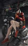  1girl bangs bare_legs black_hair cigarette full_body ground_vehicle highres holding holding_sword holding_weapon huge_weapon jacket katana kouchong_wen leather leather_jacket lighter lips long_hair long_sleeves looking_at_viewer mechanical_arm motor_vehicle motorcycle mouth_hold nose open_clothes open_jacket original realistic red_eyes red_scarf red_shoes scabbard scarf sheath sheathed shoelaces shoes sitting smoke smoking sneakers solo sword twintails vehicle weapon 