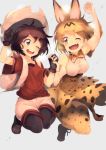  2girls ;d animal_ears arm_up bare_shoulders black_gloves black_legwear blonde_hair blue_eyes bow bowtie breasts brown_eyes bucket_hat collarbone elbow_gloves gloves hand_holding hat hat_feather head_tilt high-waist_skirt highres kaban_(kemono_friends) kemono_friends looking_at_another medium_breasts multiple_girls one_eye_closed open_mouth panties red_shirt serval_(kemono_friends) serval_ears serval_print shirt short_hair short_sleeves shorts skirt sleeveless sleeveless_shirt smile thigh-highs tree-raim underwear white_shirt white_shorts 