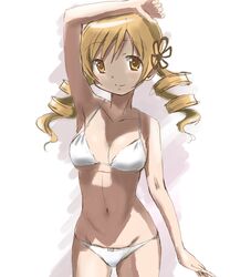  1girl arm_at_side arm_over_head bikini blonde_hair blush breasts cleavage drill_hair groin hair_ornament highres kinfuji long_hair mahou_shoujo_madoka_magica medium_breasts navel sketch smile solo swimsuit tomoe_mami twintails yellow_eyes 