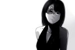  1girl black_hair blood bloody_tears character_request collarbone commentary_request copyright_request cracked_mask dress evening_gown halter_dress highres lips mask monochrome poaro simple_background solo spot_color tears white_background 