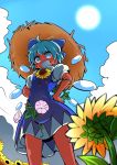  &gt;:) 1girl ahoge baba_(baba_seimaijo) bangs blue_bow blue_dress blue_eyes blue_hair blue_sky blurry bow cirno cowboy_shot day depth_of_field dress flower grin hair_bow hands_on_hips hat hidden_star_in_four_seasons highres looking_at_viewer morning_glory plant puffy_short_sleeves puffy_sleeves short_hair short_sleeves sky smile solo straw_hat sun sun_hat sunflower tan touhou vines 