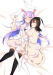  2girls animal_ears bed_sheet black_hair black_legwear blush bunny_tail closed_eyes collared_shirt cuddling dress hand_on_another&#039;s_chest hug inaba_tewi lavender_hair leg_between_thighs long_hair lying midriff miniskirt multiple_girls navel on_back on_side open_mouth pleated_skirt rabbit_ears reisen_udongein_inaba shirt short_hair short_sleeves skirt smile spooning sweatdrop tail thigh-highs touhou wavy_mouth white_legwear xialuluo_(sharuro) 