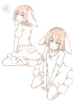  1girl animal_ears between_legs blush bunny_tail carrot_necklace dress flat_chest hand_between_legs hands_together heart inaba_tewi looking_at_viewer monochrome multiple_views rabbit_ears sepia short_hair short_sleeves simple_background sitting sketch smile solo spoken_heart tail thigh-highs tongue tongue_out touhou wariza white_background xialuluo_(sharuro) 