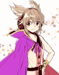  1girl blush bracelet brown_eyes brown_hair cape closed_mouth earmuffs hand_on_hip jewelry makuwauri purple_cape shirt short_hair sleeveless sleeveless_shirt solo star touhou toyosatomimi_no_miko 