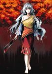  1girl autumn_leaves barefoot blood bloody_weapon blouse breasts cleaver clenched_hand detached_sleeves hidden_star_in_four_seasons highres large_breasts long_hair looking_at_viewer open_mouth red_eyes sakata_nemuno silver_hair single_strap skirt smile solo touhou tree wavy_hair weapon zioase 