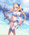  1girl aqua_eyes arrow bangs bare_shoulders bikini blonde_hair blue_bikini blue_bow blue_sky bow bow_(weapon) breasts building chains clouds eyebrows eyebrows_visible_through_hair garters highres holding holding_arrow holding_bow_(weapon) long_hair looking_at_viewer lunacle navel open_mouth original sky small_breasts smile solo standing swimsuit twintails weapon 