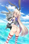  &gt;_o 1girl :3 artist_name ass black_hairband black_panties blonde_hair blue_sky blush carrying clouds elbow_gloves gloves green_eyes hairband hal_(21) highres kantai_collection long_hair no_pants ocean one_eye_closed open_mouth panties rensouhou-chan shimakaze_(kantai_collection) sky striped striped_legwear thigh-highs underwear white_gloves 