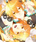  1boy 1girl bangs blonde_hair bow brother_and_sister eyelashes hair_bow hair_ornament hairclip hand_holding headphones heart highres kagamine_len kagamine_rin looking_at_viewer musical_note nail_polish open_mouth outline pale_skin short_hair siblings smile sparkle speech_bubble twins vocaloid w@i yellow_eyes yellow_nails 