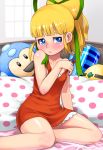  1girl bangs bare_arms bare_shoulders bed bed_sheet blonde_hair blue_eyes blunt_bangs blush breasts character_doll closed_mouth collarbone commentary_request dress embarrassed energy_tank frilled_dress frills green_ribbon hair_ribbon hand_rest hardhat helmet indoors long_hair looking_at_viewer maruta_kentarou on_bed open_mouth polka_dot ponytail red_dress ribbon rockman rockman_(character) rockman_(classic) roll sidelocks sitting sleeveless sleeveless_dress small_breasts solo strap_pull undressing wall 