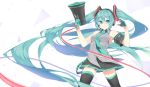 1girl absurdly_long_hair aqua_eyes aqua_hair arms_up fhang floating_hair gloves hatsune_miku headset highres long_hair megaphone necktie skirt smile solo thigh-highs trigger_discipline twintails very_long_hair vocaloid white_background 